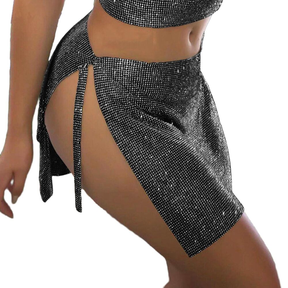 5848 Glitter Rhinestone Mesh Mini Skirt Sparkly Crystal Hip Wrap Rave Party